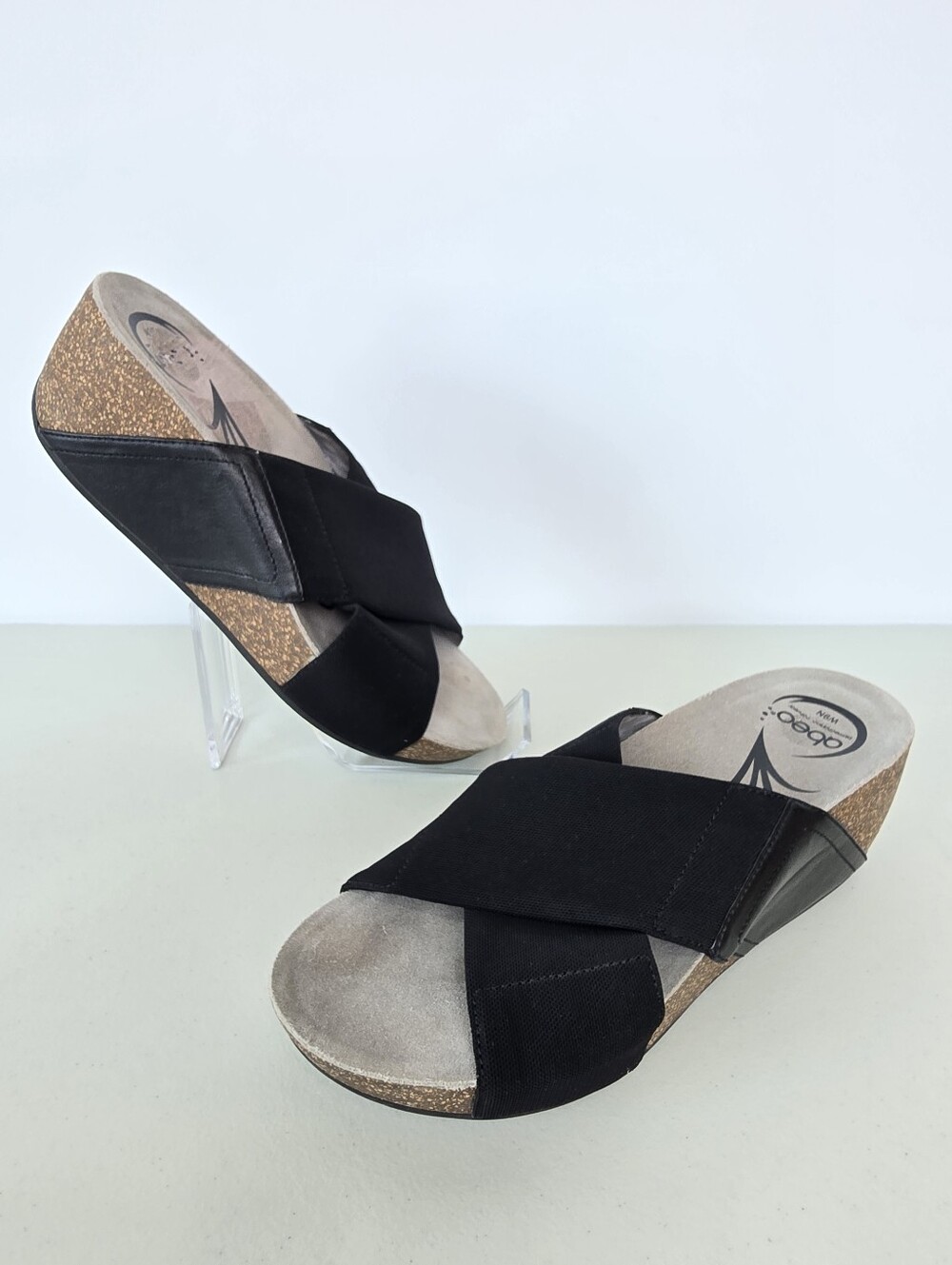 ABEO Unity Black Stretch Crossover Comfort Wedge Heel Sandals Size 9 Narrow 9N